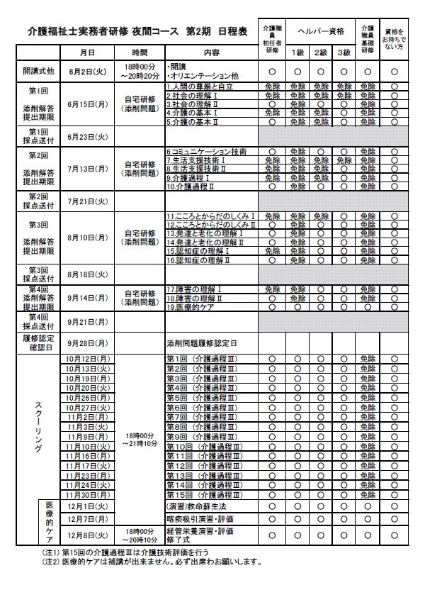 第１期夜間コース日程