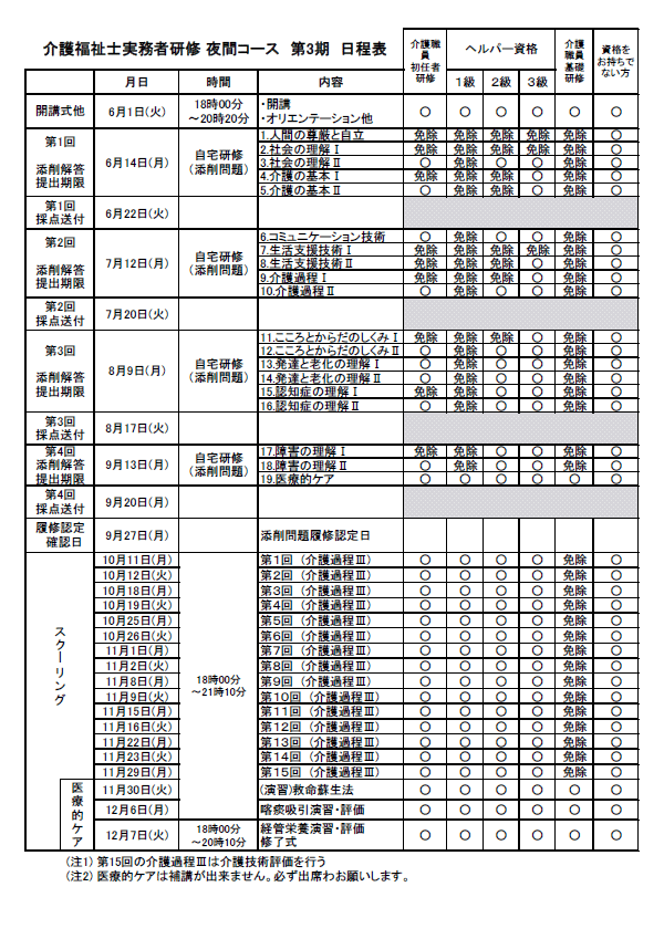 第１期夜間コース日程
